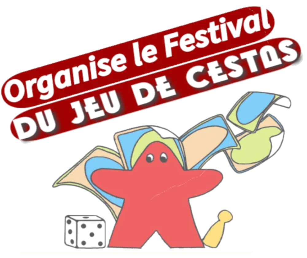 Logo du Festival du Jeu de Cestas : un meeple rouge entouré de cartes